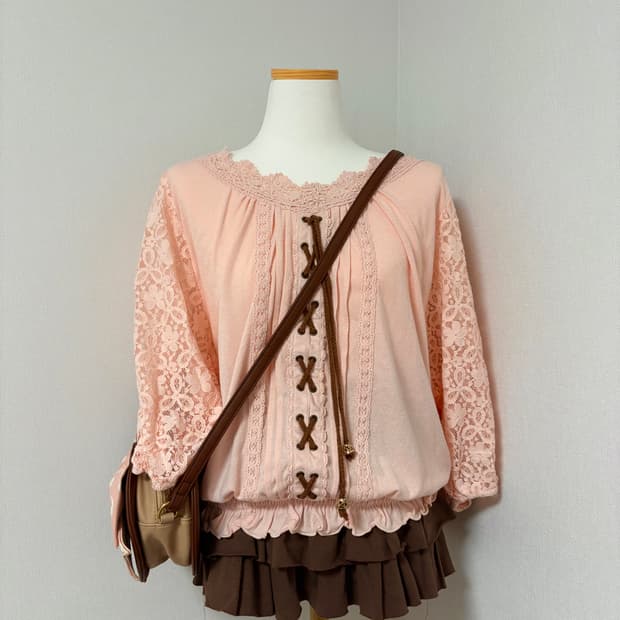 리즈리사 히메카지 코랄 아일릿 롱슬리브 큐롯 스커트 아가일 가방 딸초