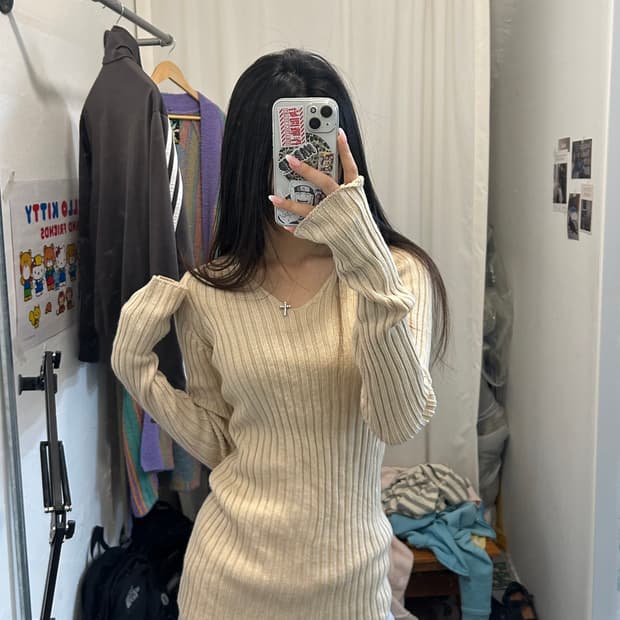 빈티지 브이넥 니트 골지