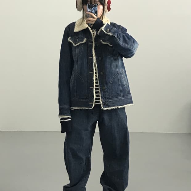  빈티지 데님 디테일 털 자켓