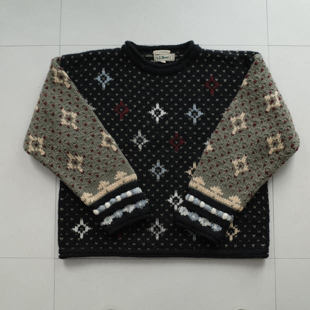 80s 엘엘빈 L사이즈 핸드니트 북유럽 패턴 울 스웨터 버드아이