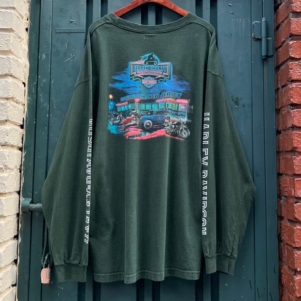 [2XL]할리 데이비슨 버겐 카운티 네온 사인 다크그린 롱슬리브 티셔츠