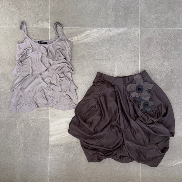 Gray satin ruffle layered sleeveless