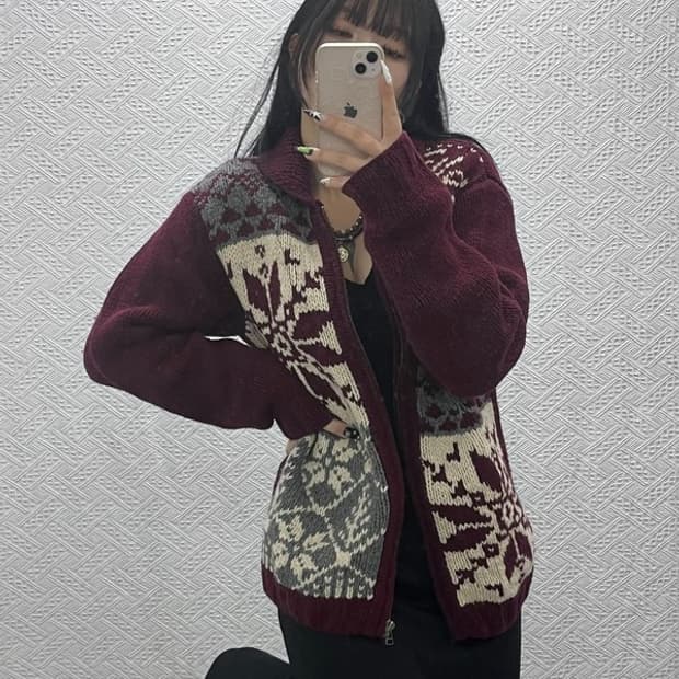 챕스 랄프로렌 코위찬 버건디 와인 니트 집업 가디건 L C08820