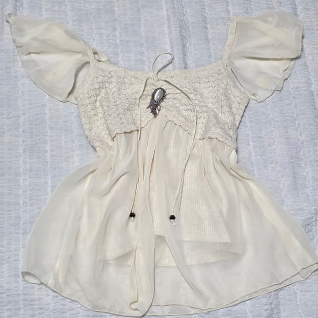 일본빈티지)라떼히메갸루 엔젤 모리걸 니트글리터 시스루 셔링 슬리브리스