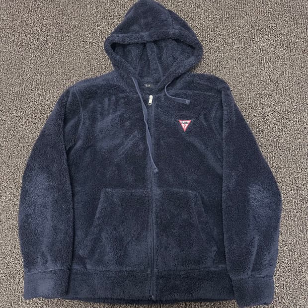 GUESS 게스 뽀글이 털 후리스 후드 자켓 네이비 L