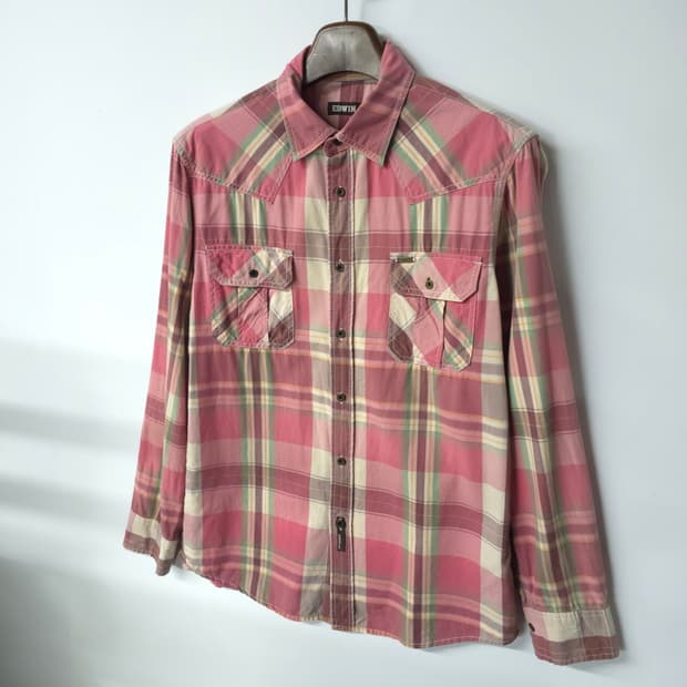 에드윈 남성 핑크체크 셔츠 100