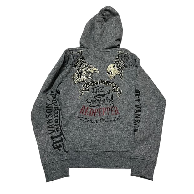 밴슨 레더 그레이 자수 레터링 후드 집업