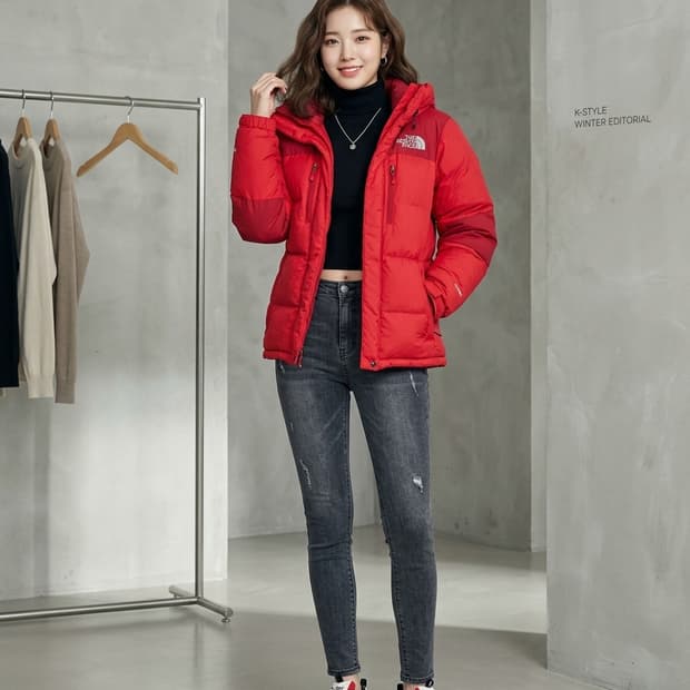 노스페이스 하이벤트 800필 구스다운 패딩 레드