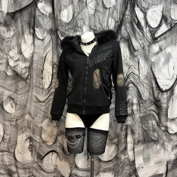 빈티지 펑크 Y2K Fur hoodie patch bomber jacke