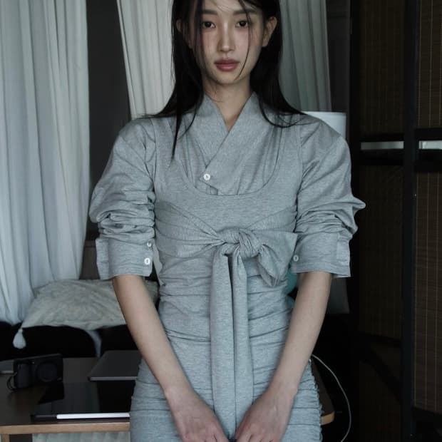 한땀한땀 달기 원피스 그레이 s