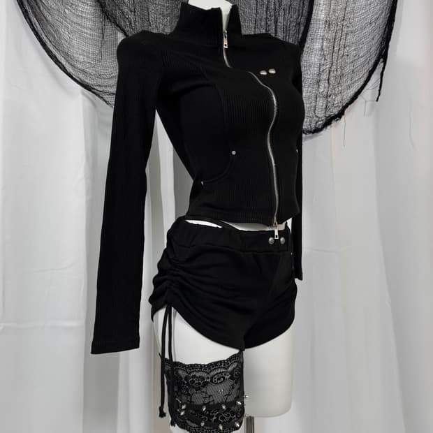 black purple zip up short pants set