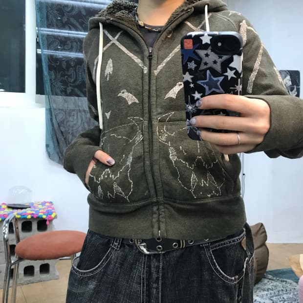 데님앤서플라이 프린팅 에스닉 양털 기모 후드집업 