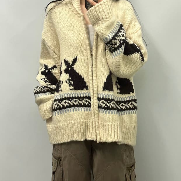 Vintage 노르딕 패턴 니트 집업 가디건 