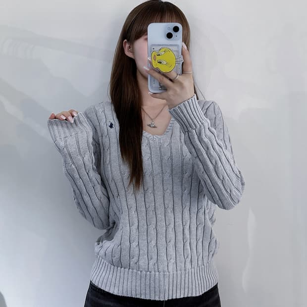폴로랄프로렌 qr 그레이 브이넥 케이블 니트
