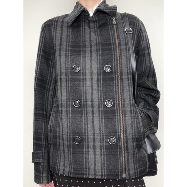 빈티지 그레이 체크 울 하프 더블코트 자켓