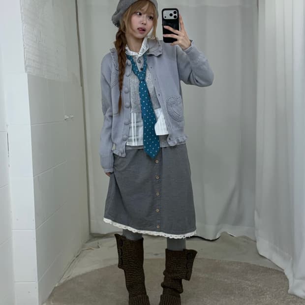 그레이 도트 러블리 니혼진 뜨개 가디건 코디세트