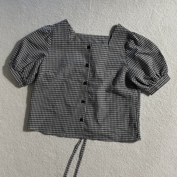 일본빈티지 블랙화이트 체크 스퀘어넥 반팔 탑