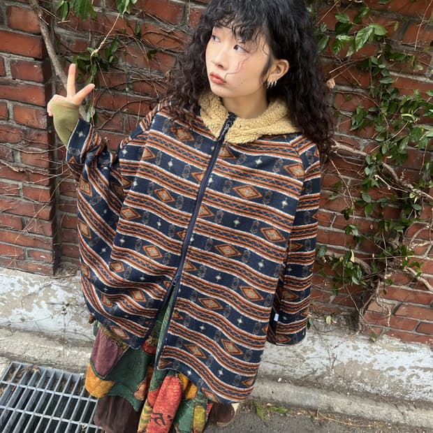 히피 에스닉 패턴 플리스 후드 집업 케이프