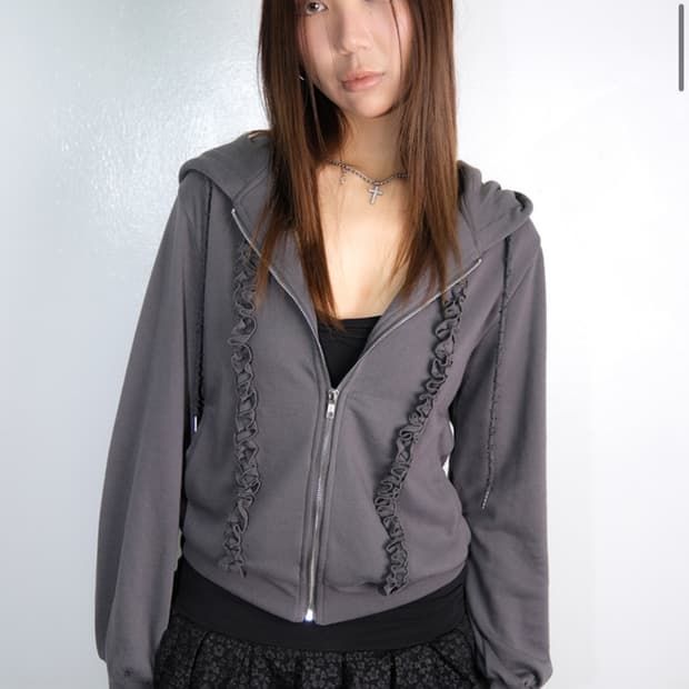 루즈슬립오버 프릴 로고 후드집업 다크그레이