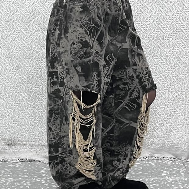 SEEOT 빈티지 아메카지 스트릿 펑크 데미지 와이드팬츠 L C10725