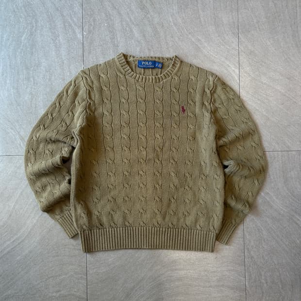 폴로 국내 매장 정품 카키 코튼 꽈배기 니트
