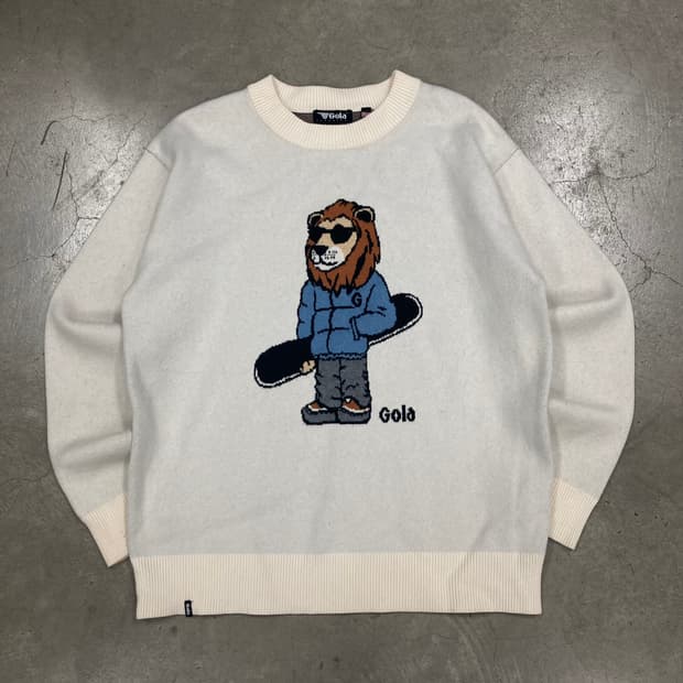 골라 아이보리 컬러 캐릭터 빅로고 니트