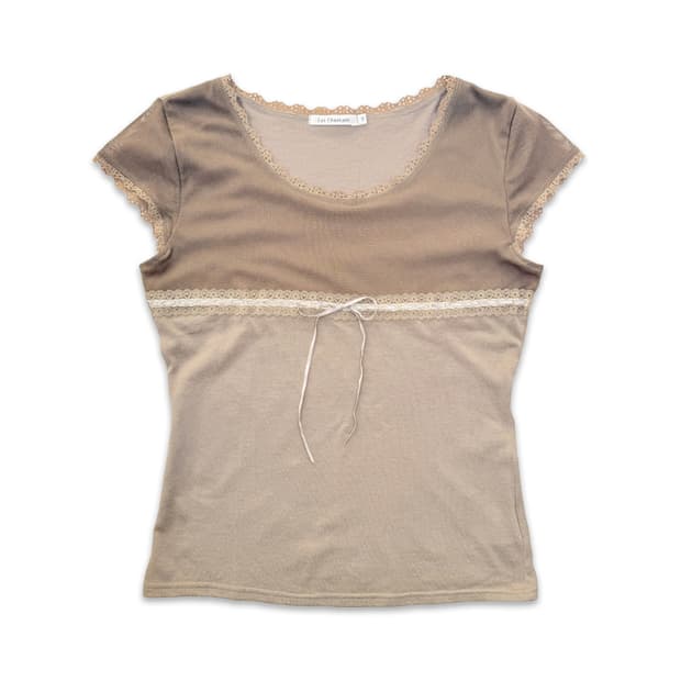 빈티지 베이지 브라운 리본 반팔티