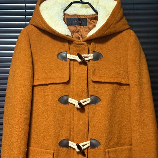 SOUP 숲 오렌지 주황색 양 털 떡볶이 더플 롱 코트 울 55 여자