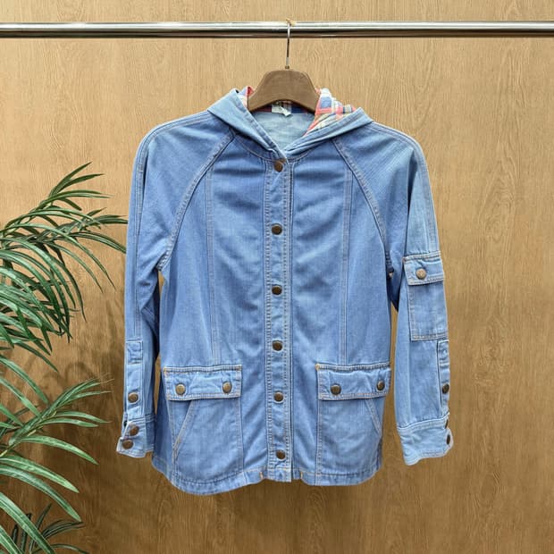 빈티지 데님 후드 자켓 체크 안감 후드 디테일 레귤러핏 라이트 블루