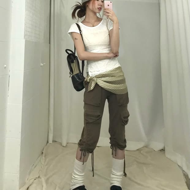 🩰 빈티지 카키 브라운 캐주얼 발레코어 코디 세트