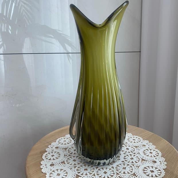 일본 hokuyo glass 올리브그린 유리공예 화병 꽃병