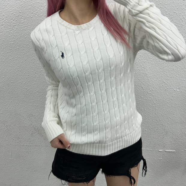 폴로 랄프로렌 네이비포니 화이트 꽈배기 니트 M
