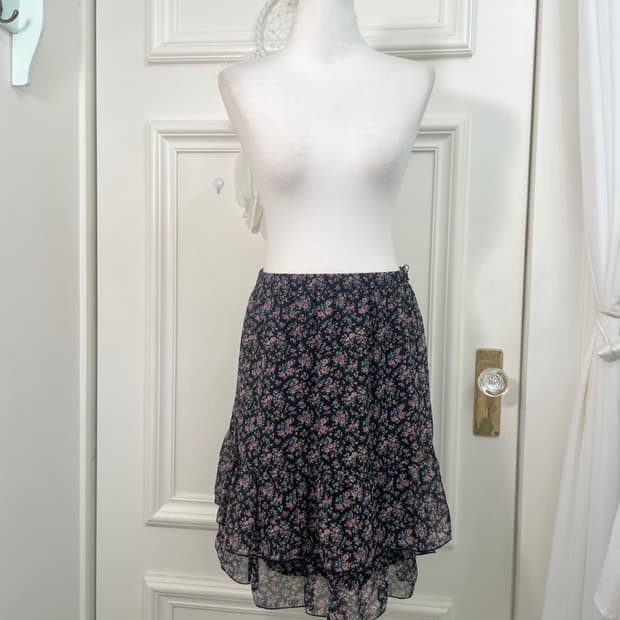 black flower ruffle banding midi skirt