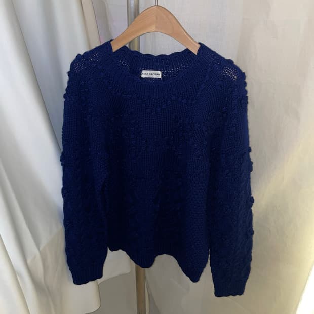 vintage blue pompom scalloped wool knit