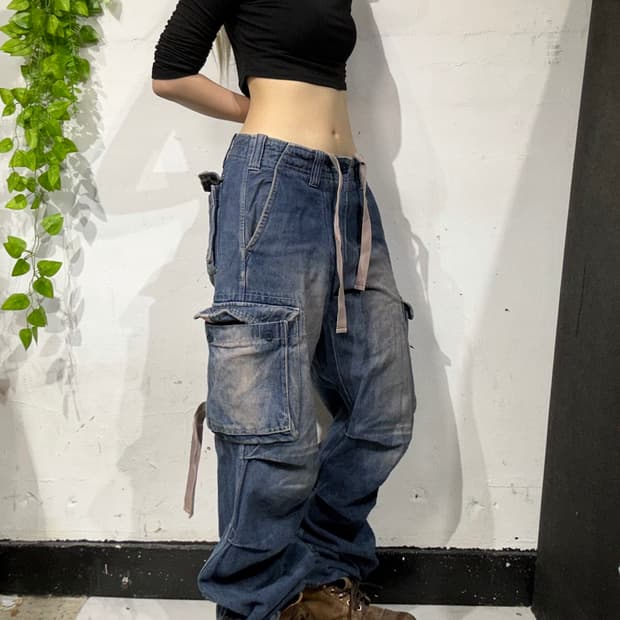 291295=HOMME 진청 대장급 와이드 데님 카고 팬츠 청바지
