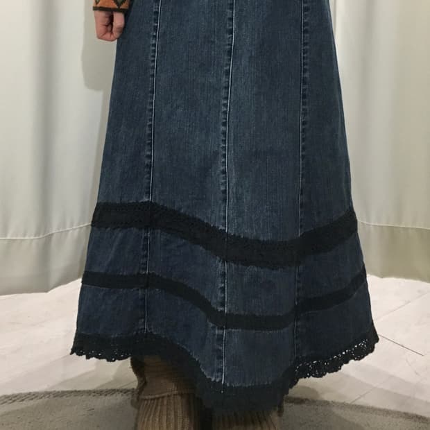 히피모리 레이스 데님 롱스커트