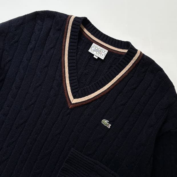 Lacoste 라코스테 램스울 네이비컬러 케이블 브이넥 니트