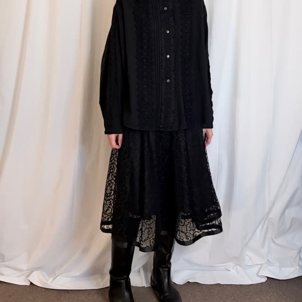 Lace Detail Volume Sleeve Shirt – Black