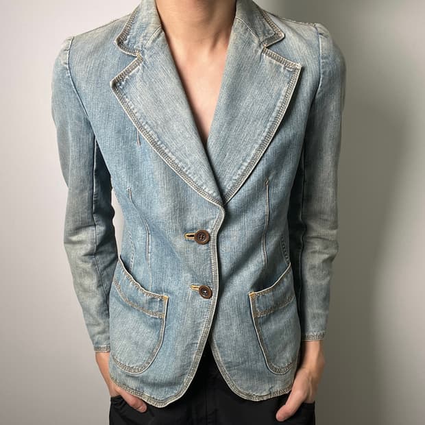 준야 와타나베 맨 꼼데가르송 워싱 데님 블레이저 자켓 M