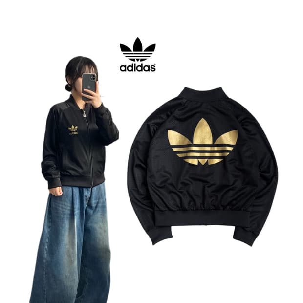 아디다스 빅로고 파이어버드 검금 메쉬 크롭 트랙탑 져지