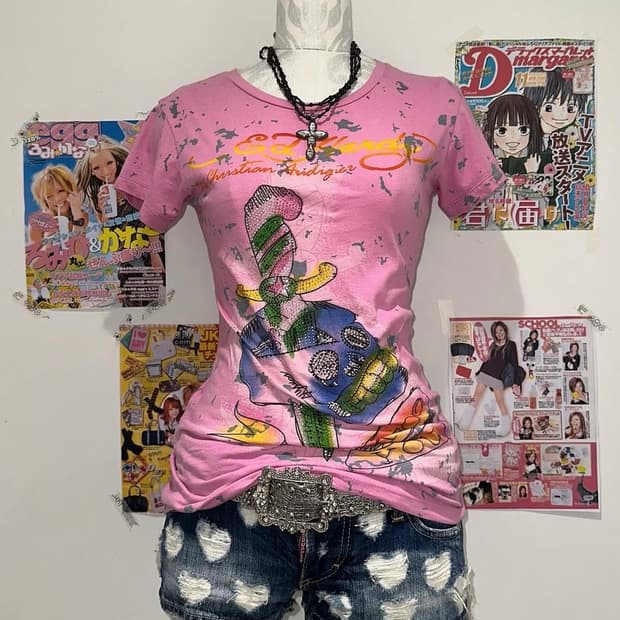 Ed Hardy Skull Printed Pink Slim T-shirt