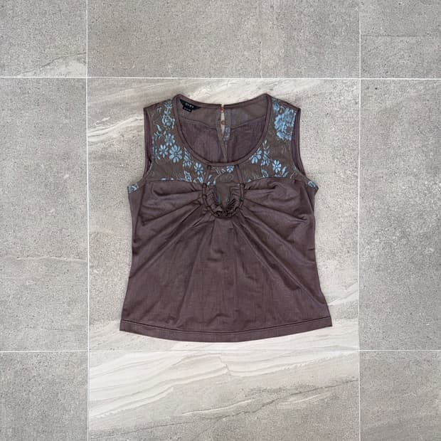 Blue brown oriental shirring sleeveless