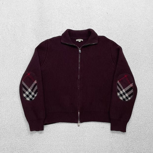버버리 Burberry 엘보 패치 울 니트 집업 버건디
