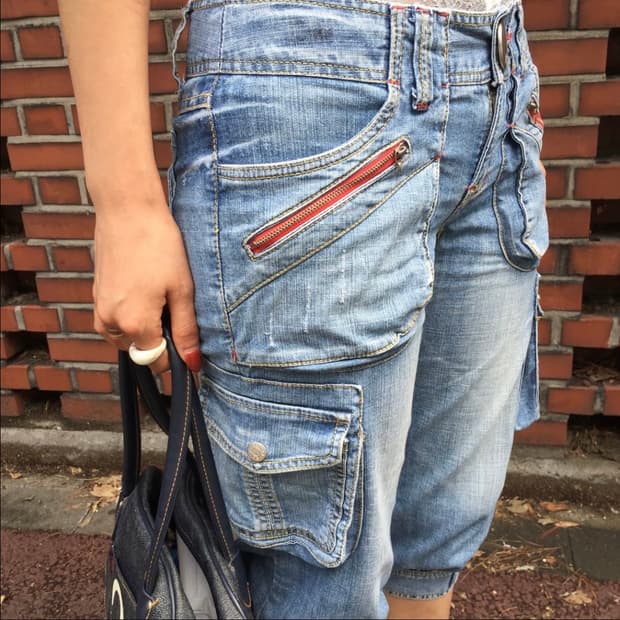 JPN Vintage 데님 사이드버튼 카프리팬츠