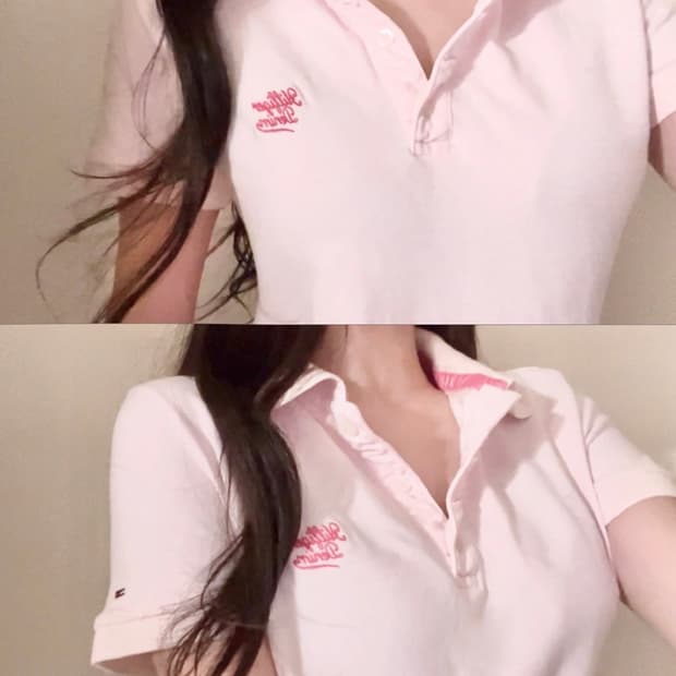 타미힐피거 연핑크 레터링 로고 카라티 반팔 s