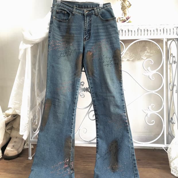 glitter lettering bootcut denim pants