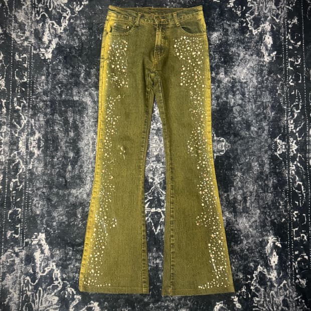Beads Detail Olive Wash Flare Denim