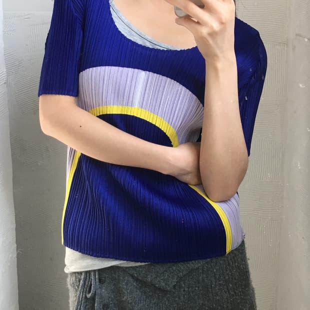 Pleats Please 플리츠플리즈 퍼플 옐로우 플리츠 반팔 