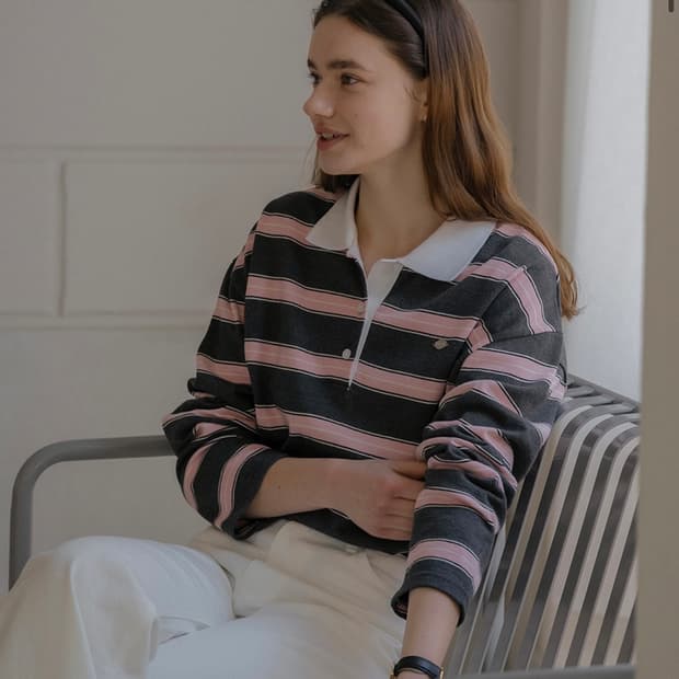 틸아이다이 스트라이프 챠콜 핑크 카라 럭비티 롱 슬리브 긴팔 티셔츠 M