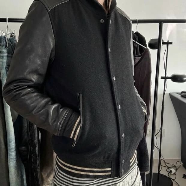 SHIPS JET BLUE  레더 믹스 울 바시티자켓